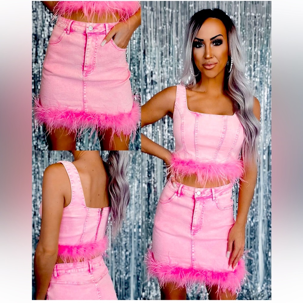 Pink Feathered Denim Skirt and Top